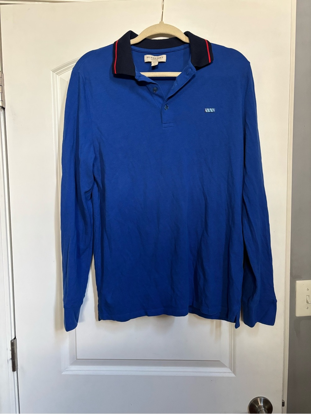 Burberry Royal Blue Long-Sleeve Polo with Navy Collar and Red Trim